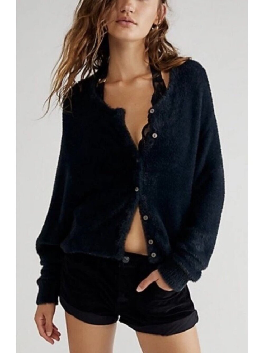 FREE PEOPLE ONE Solid Black Wyatt Faux Fur Button Down Cardigan Sweater Size XS